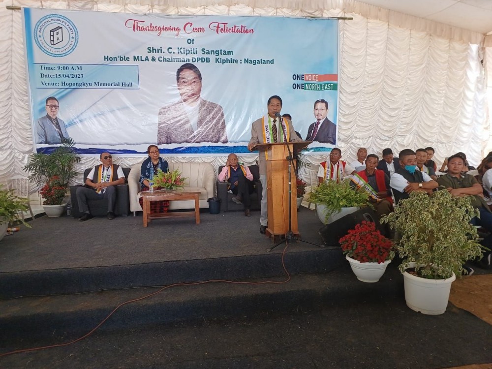C Kipili Sangtam speaking at the programme held in Hopongkyu Memorial Hall, Kiphire town on April 15.